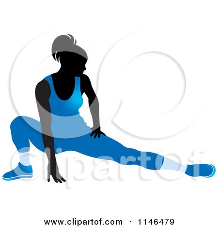 Clipart of a Silhouetted Gymnast Woman Stretching in a Blue Leotard - Royalty Free Vector Illustration by Lal Perera