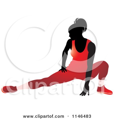 Clipart of a Silhouetted Gymnast Woman Stretching in a Red Leotard - Royalty Free Vector Illustration by Lal Perera