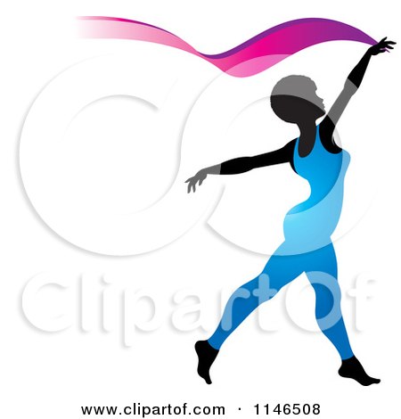 Clipart of a Silhouetted Gymnast Woman Ribbon Dancing in a Blue Leotard - Royalty Free Vector Illustration by Lal Perera