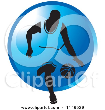 Clipart of a Basketball Player Dribbling over a Blue Circle - Royalty Free Vector Illustration by Lal Perera