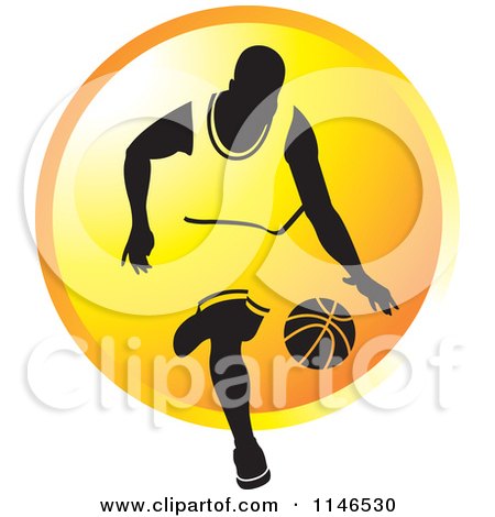 Clipart of a Basketball Player Dribbling over an Orange Circle - Royalty Free Vector Illustration by Lal Perera