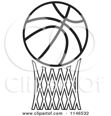 Clipart of a Black and White Basketball over Netting - Royalty Free Vector Illustration by Lal Perera