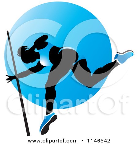 Clipart of a Silhouetted Pole Vault Woman over a Blue Circle - Royalty Free Vector Illustration by Lal Perera
