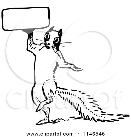 Clipart of a Retro Vintage Black and White Squirrel Holding a Sign - Royalty Free Vector Illustration by Prawny Vintage