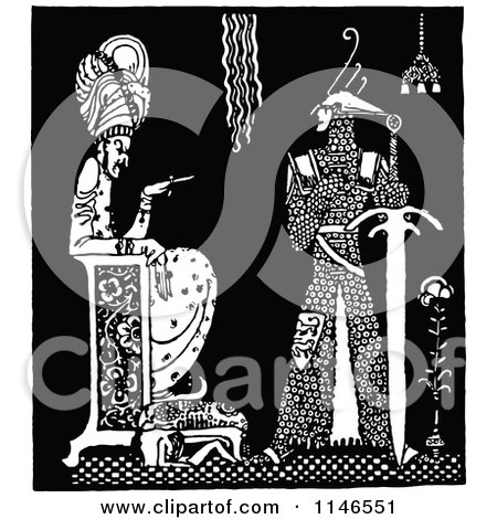 Clipart of a Retro Vintage Black and White King and Warrior with a Giant Sword - Royalty Free Vector Illustration by Prawny Vintage