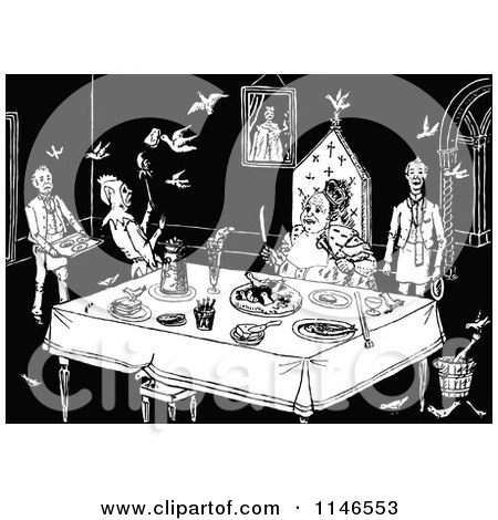 Clipart of a Retro Vintage Black and White King Dining and Being Entertained - Royalty Free Vector Illustration by Prawny Vintage