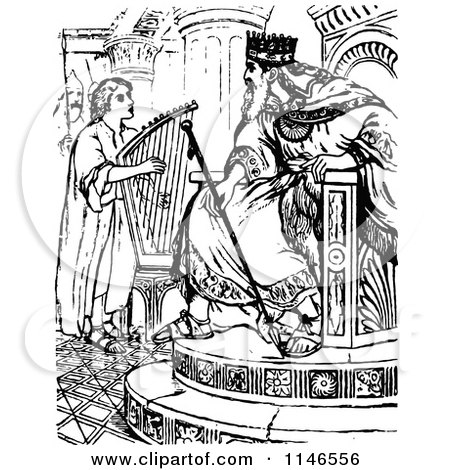 Clipart of Retro Vintage Black and White David Playing a Harp for King Saul - Royalty Free Vector Illustration by Prawny Vintage