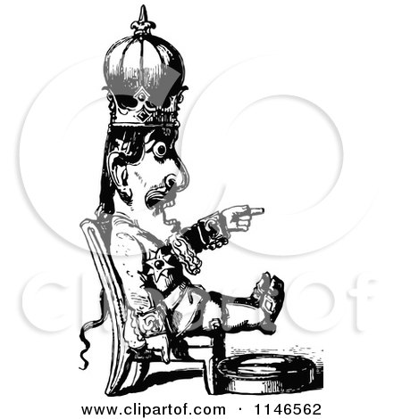Clipart of a Retro Vintage Black and White Crazy King Pointing - Royalty Free Vector Illustration by Prawny Vintage