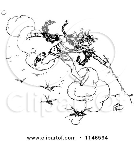 Clipart of a Retro Vintage Black and White Crazy King Running on Clouds - Royalty Free Vector Illustration by Prawny Vintage