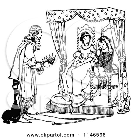 Clipart of a Retro Vintage Black and White King Giving a Boy His Crown As He Sits by a Queen - Royalty Free Vector Illustration by Prawny Vintage