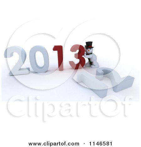 Clipart of a 3d Snowman Pushing New Year 2013 Numbers Together and Knocking down 12 - Royalty Free CGI Illustration by KJ Pargeter