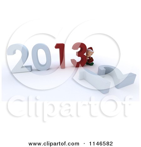 Clipart of a 3d Christmas Elf Pushing New Year 2013 Numbers Together and Knocking down 12 - Royalty Free CGI Illustration by KJ Pargeter