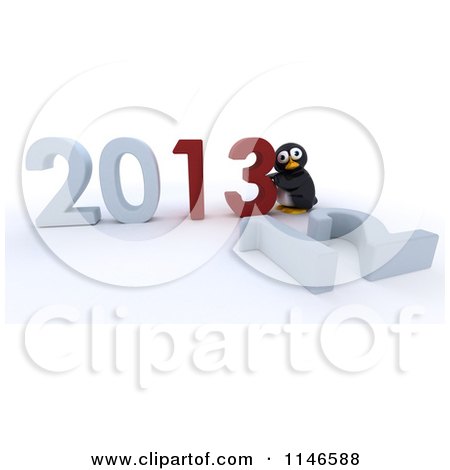 Clipart of a 3d Penguin Pushing New Year 2013 Numbers Together and Knocking down 12 - Royalty Free CGI Illustration by KJ Pargeter