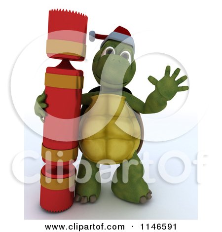 Clipart of a 3d Tortoise Waving with a Christmas Cracker - Royalty Free CGI Illustration by KJ Pargeter