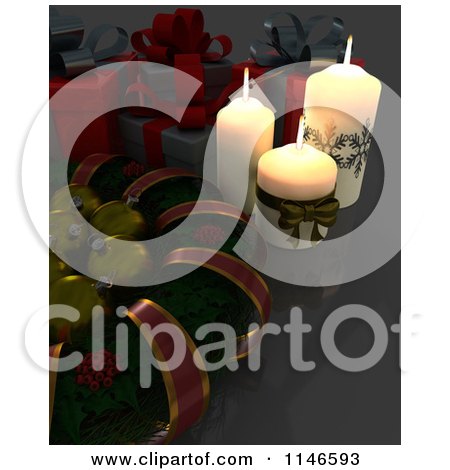Clipart of a 3d Christmas Wreath with Babubles Candles and Gifts - Royalty Free CGI Illustration by KJ Pargeter