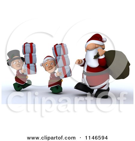 Clipart of a 3d Santa and Christmas Elves Carrying Gifts - Royalty Free CGI Illustration by KJ Pargeter