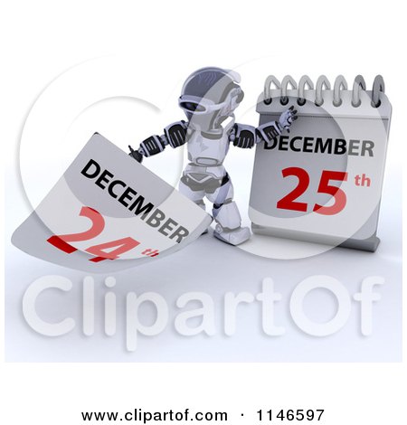 Clipart of a 3d Robot and a Christmas Date on a Calendar - Royalty Free CGI Illustration by KJ Pargeter