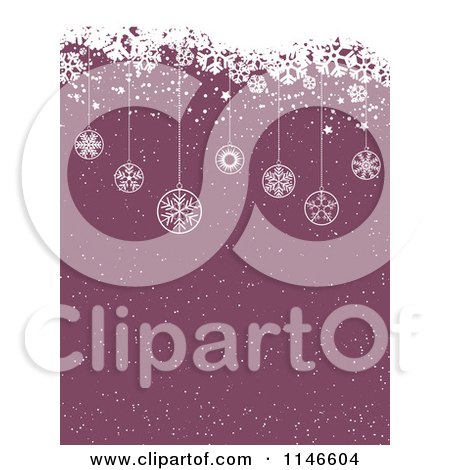 Clipart of a Purple Christmas Snow Background with Grunge and Hanging Ornaments - Royalty Free Vector Illustration by KJ Pargeter