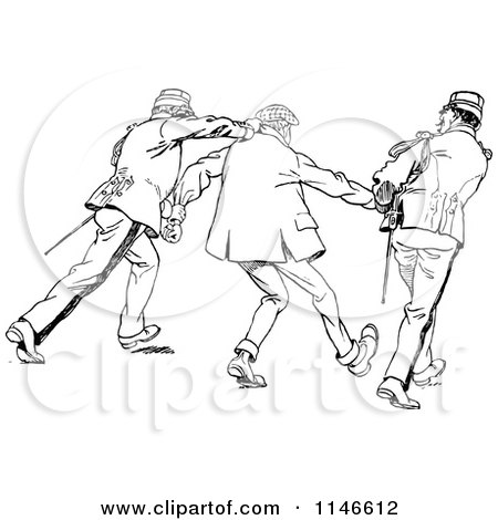 Clipart of Retro Vintage Black and White Soldiers Apprehending a Man - Royalty Free Vector Illustration by Prawny Vintage
