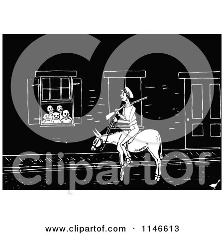 Clipart of a Retro Vintage Black and White Man Riding a Donkey Through Town - Royalty Free Vector Illustration by Prawny Vintage
