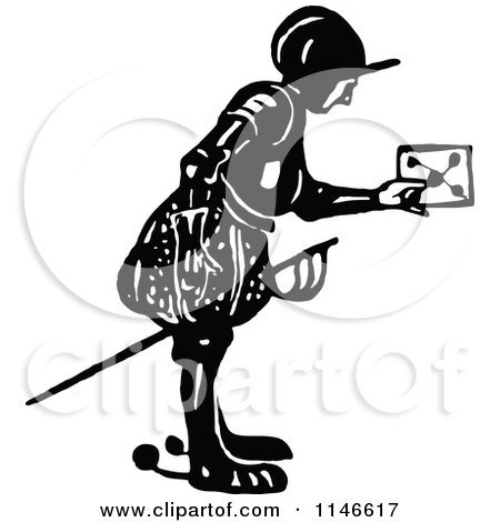 Clipart of a Retro Vintage Black and White Soldier Delivering a Letter - Royalty Free Vector Illustration by Prawny Vintage