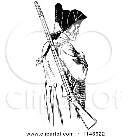 Clipart of a Retro Vintage Black and White Soldier with a Rifle - Royalty Free Vector Illustration by Prawny Vintage