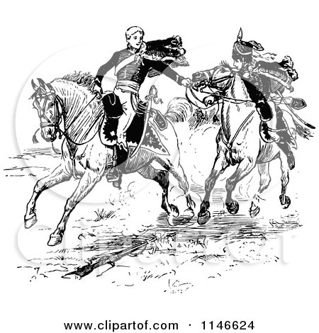 Clipart of Retro Vintage Black and White Soldiers on Horseback - Royalty Free Vector Illustration by Prawny Vintage