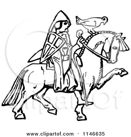 Clipart of a Retro Vintage Black and White Horseback Warrior and Bird - Royalty Free Vector Illustration by Prawny Vintage