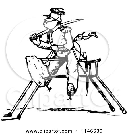 Clipart of a Retro Vintage Black and White Soldier on a Wooden Horse - Royalty Free Vector Illustration by Prawny Vintage