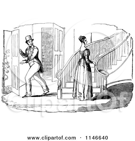 Clipart of a Retro Vintage Black and White Man Looking at a Woman by Stairs - Royalty Free Vector Illustration by Prawny Vintage