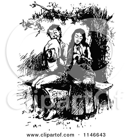 Clipart of a Retro Vintage Black and White Shy Courting Couple on a Bench - Royalty Free Vector Illustration by Prawny Vintage