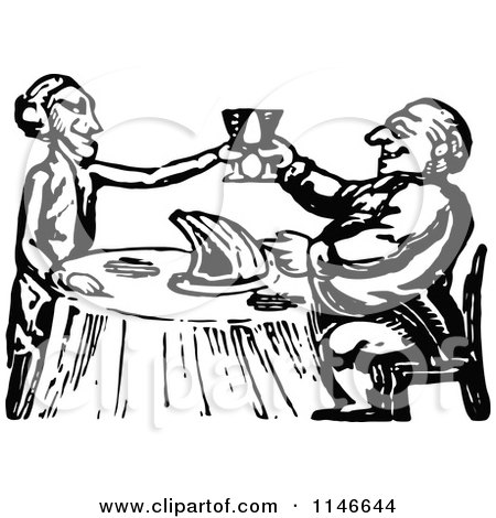 Clipart of a Retro Vintage Black and White Couple Toasting over a Ham - Royalty Free Vector Illustration by Prawny Vintage