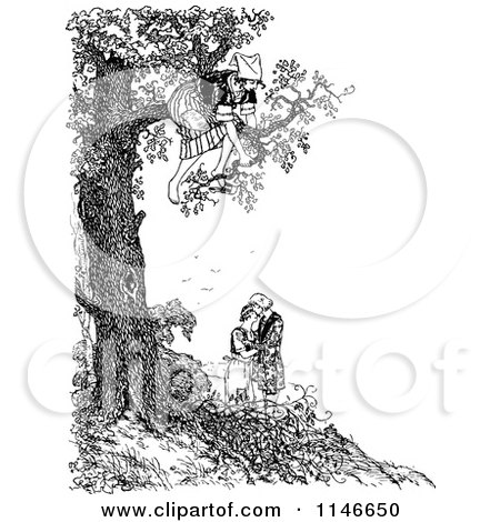 Clipart of a Retro Vintage Black and White Woman in a Tree over a Couple - Royalty Free Vector Illustration by Prawny Vintage