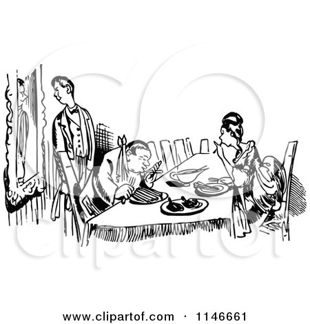 Clipart of a Retro Vintage Black and White Couple Dining - Royalty Free Vector Illustration by Prawny Vintage