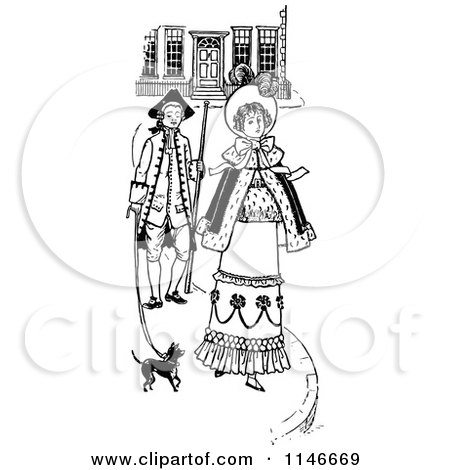 Clipart of a Retro Vintage Black and White Couple Walking with a Dog - Royalty Free Vector Illustration by Prawny Vintage