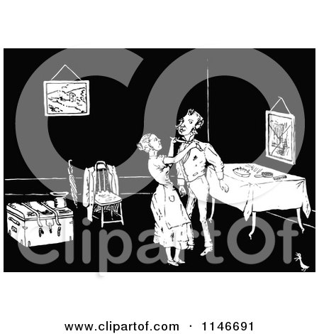 Clipart of a Retro Vintage Black and White Woman Tying Her Husband's Tie - Royalty Free Vector Illustration by Prawny Vintage