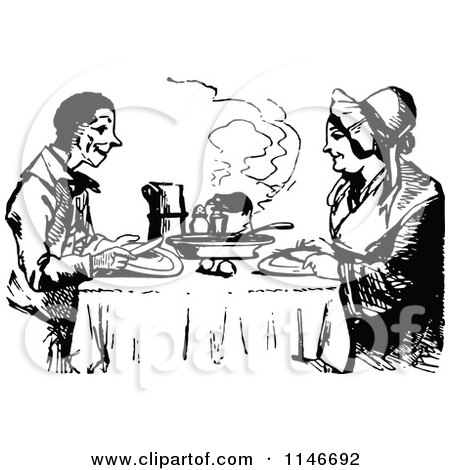Clipart of a Retro Vintage Black and White Happy Couple Eating a Meal - Royalty Free Vector Illustration by Prawny Vintage