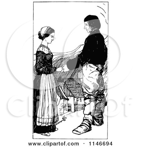 Clipart of a Retro Vintage Black and White Couple Holding Hands in a Village - Royalty Free Vector Illustration by Prawny Vintage