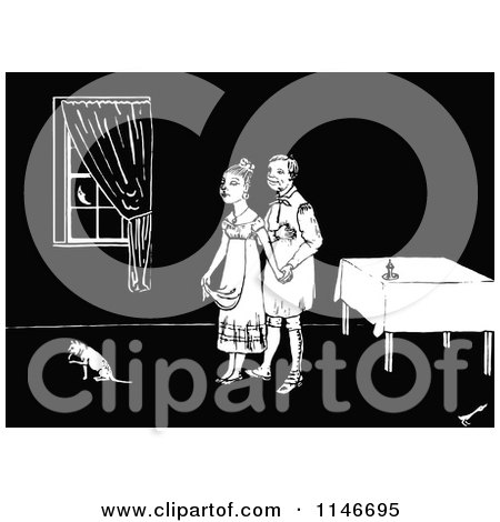 Clipart of a Retro Vintage Black and White Couple Inside with a Cat - Royalty Free Vector Illustration by Prawny Vintage