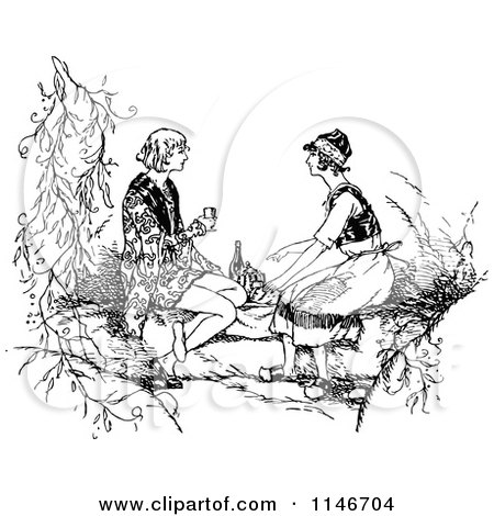 Clipart of a Retro Vintage Black and White Couple Having a Picnic - Royalty Free Vector Illustration by Prawny Vintage