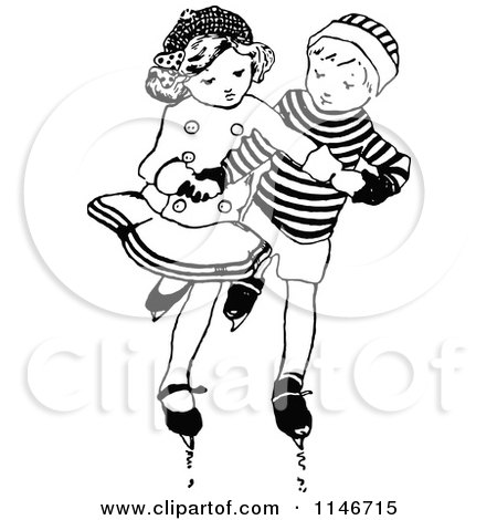 Clipart of a Retro Vintage Black and White Boy and Girl Ice Skating - Royalty Free Vector Illustration by Prawny Vintage
