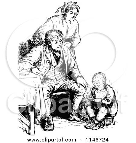Clipart of a Retro Vintage Black and White Family and Boy Reading - Royalty Free Vector Illustration by Prawny Vintage