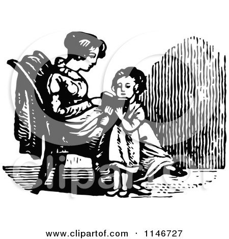 Clipart of a Retro Vintage Black and White Girl Reading to Her Mom - Royalty Free Vector Illustration by Prawny Vintage