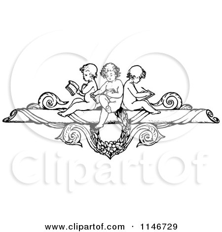Clipart of a Retro Vintage Black and White Border of Cherubs Reading and Writing - Royalty Free Vector Illustration by Prawny Vintage