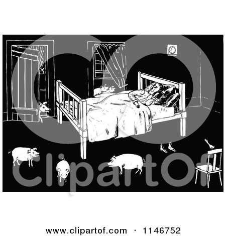 Clipart of a Retro Vintage Black and White Man Sleeping with Pigs in His Room - Royalty Free Vector Illustration by Prawny Vintage