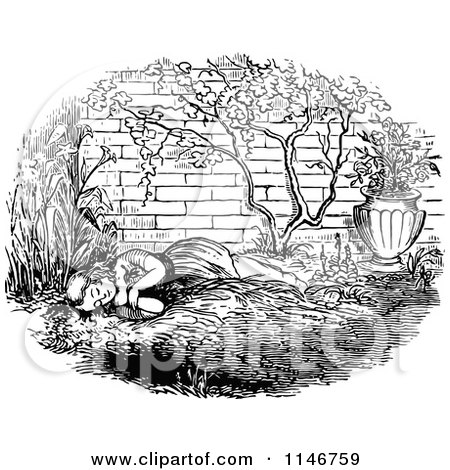 Clipart of a Retro Vintage Black and White Girl Napping in a Garden - Royalty Free Vector Illustration by Prawny Vintage