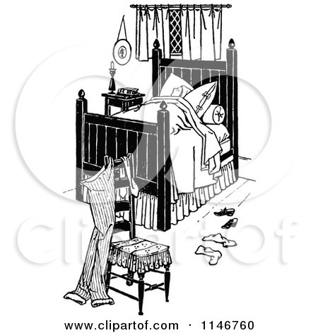 Clipart of a Retro Vintage Black and White Man Sleeping in a Bed - Royalty Free Vector Illustration by Prawny Vintage