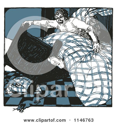 Clipart of a Retro Vintage Man Tipping His Bed and a Mouse Running - Royalty Free Vector Illustration by Prawny Vintage