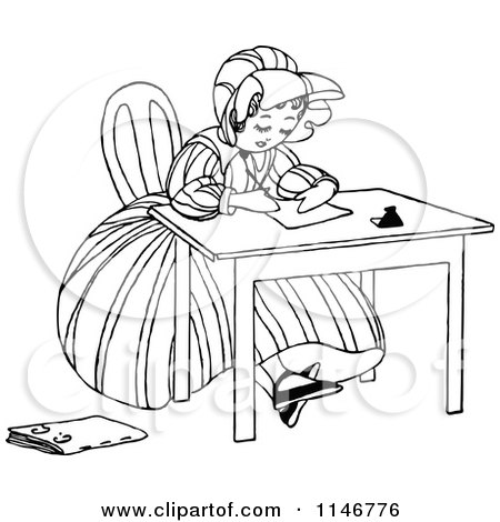 Clipart of a Retro Vintage Black and White Girl Writing at a Desk - Royalty Free Vector Illustration by Prawny Vintage
