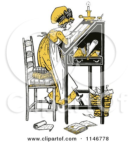 Clipart of a Retro Vintage Yellow Girl Writing at a Desk - Royalty Free Vector Illustration by Prawny Vintage